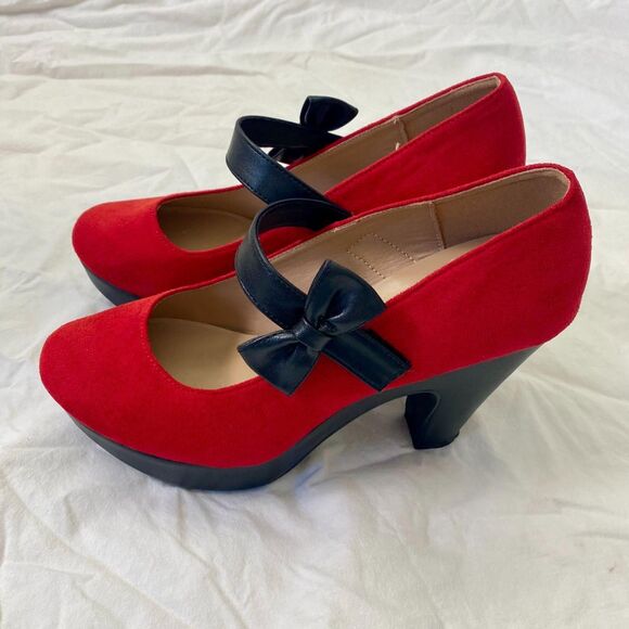 Retro Stage Black Red Bow Platform Whimsygoth Lolita Mary Jane Heels US 11.5 - Picture 4 of 7